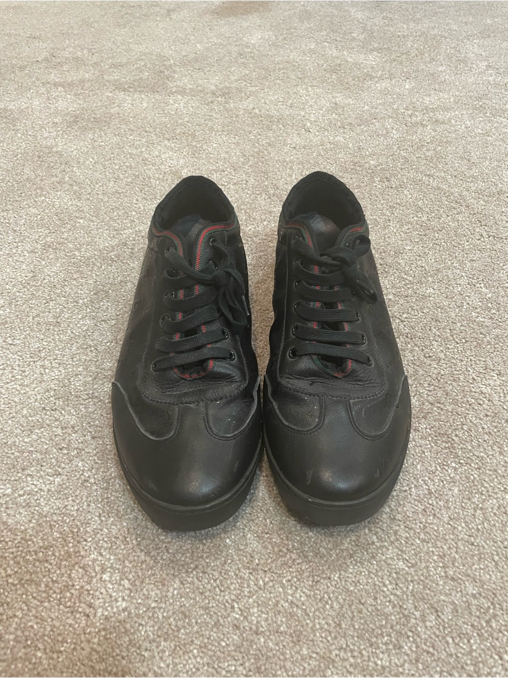 Gucci Black Low-Top GG Canvas & Leather Sneakers with Web Trim - Picture 2 of 8